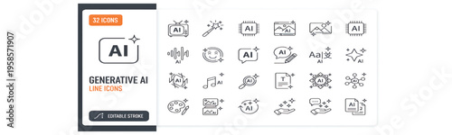 Generative AI icon set. Contain icons related to creative artificial intelligence, text, images, videos, search and data by AI, and more. editable stroke.