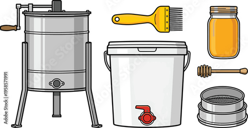 Beekeeper extracts honey using equipment and tools in a rural setting with apiary.