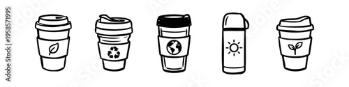 Alternative leaf and recycle collection in outline style. Distinct cup and lid set in outline style. Cup, Lid and Leaf Monochrome Icon Set. High quality stock illustration with clear subject focus.