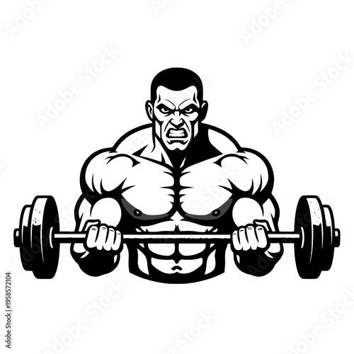 Bodybuilder Lifting Barbell Bicep Curl Illustration Mascot