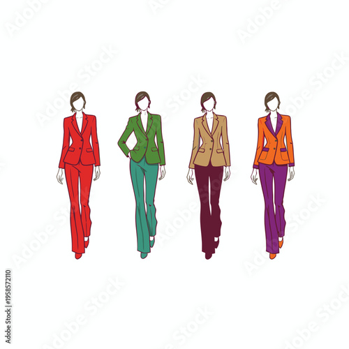 Female fashion sketches wearing colorful business suits on white