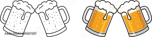 Two pairs of beer mugs with foam on a white background in a cartoon style