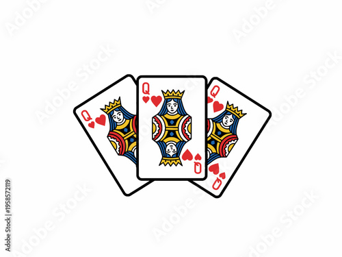 Three Queen of Hearts Playing Cards Fanned on White Background