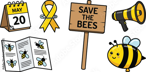 Bee awareness campaign with calendar, yellow ribbon, book, sign, and megaphone.