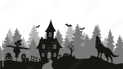 Dark gothic Halloween forest horizontal border banner with haunted castle scarecrow jack-o-lantern and howling wolf black silhouette vector illustration isolated on white.
