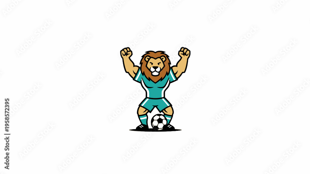 Obraz premium Lion soccer mascot character celebrating victory with ball