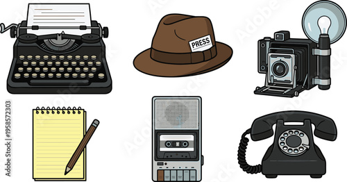 Vintage journalism tools and devices on a desk, including a typewriter, hat, camera, notebook, computer, and phone.