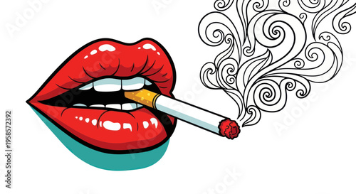 Sensual Red Lips Smoking Cigarette with Swirling Smoke