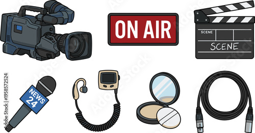 Television studio equipment and makeup items are on display on a table indoors.