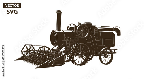 Vintage Steam Combine Harvester Vector Illustration
