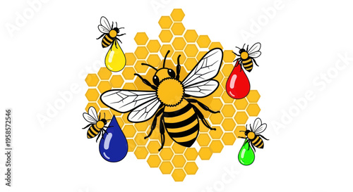 Bees collecting colorful nectar drops around honeycomb
