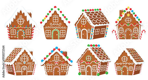 Collection of assorted gingerbread houses decorated with icing and candy, isolated on white background