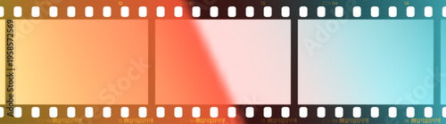 Retro 35mm film strip with light leak effects. Vector old analog overlay filter with sprocket holes and flare gradients perfect for vintage video border, cinematic mockup, nostalgic photo edit.