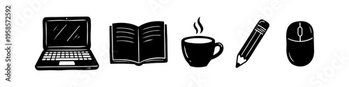 Laptop, Book and Coffee Cup Monochrome Icon Set. High quality stock illustration with clear subject focus, cohesive composition, and versatile commercial applicability across branding, editorial.