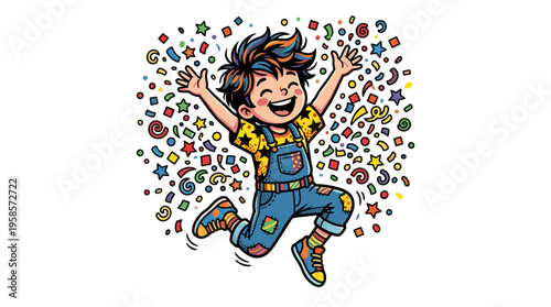 Joyful child jumping amidst falling confetti and streamers