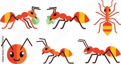 Flat Ant Character Pose Set Featuring Carrying Food Walking Crawling and Different Views with Cute Insect Illustrations for Nature and Biology Design