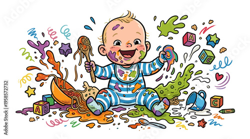 Happy baby making a colorful food mess with pasta and paint