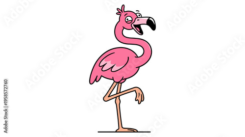 Funny cartoon flamingo standing on one leg with open beak