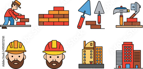 Flat Construction and Building Icon Set Featuring Worker Bricks Trowel Hammer Helmet and City Buildings for Engineering and Architecture Design