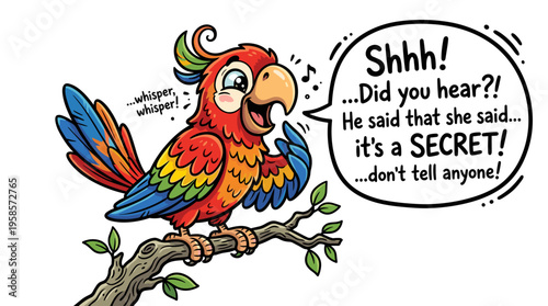 Cartoon parrot whispering secrets on a branch