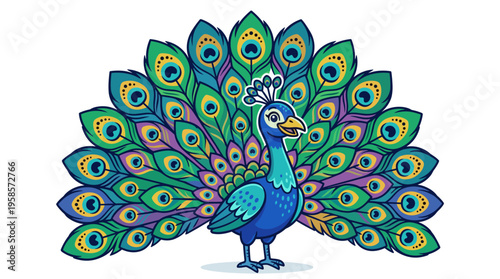 Cartoon peacock displaying its fanned tail feathers