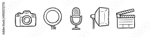 Alternative microphone and softbox collection in outline style. Distinct camera and ring light set in outline style. Camera, Ring Light and Microphone Monochrome Icon Set. High quality stock.