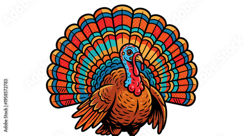 Cartoon turkey fanning colorful tail feathers, pop art style