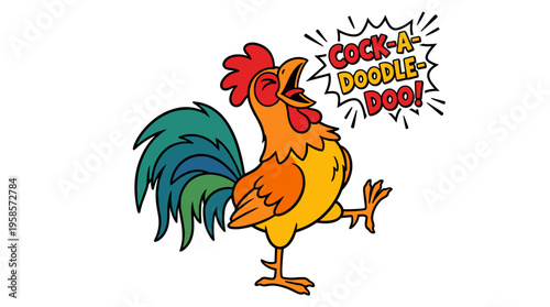 Rooster singing "Cock-a-doodle-doo" with bold outlines