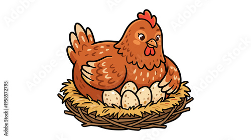 Cute cartoon hen sitting on eggs in a nest