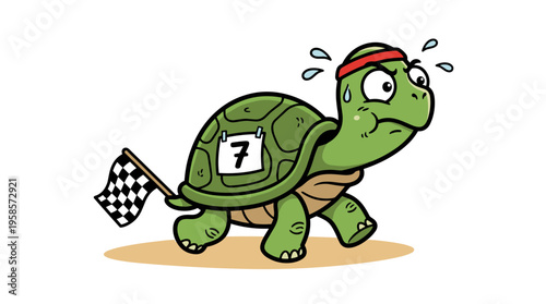 Cartoon turtle struggling to finish a race with a checkered flag