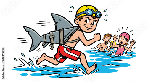 Boy wearing shark fin costume running through water towards scared swimmers