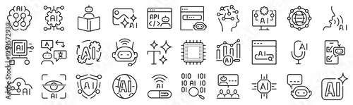 Modern AI smart automation icon set including artificial intelligence, industrial automation, robotics, IoT and autonomous systems. Clean outline vector icons perfect for technology, business, and dig