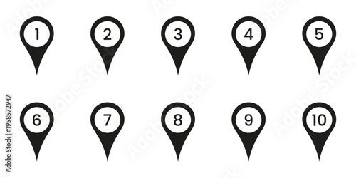 Black Numbered Location Pin Solid Icon Set. Sequential Map Marker Silhouette Symbol Collection. Navigation, Geolocation, And Wayfinding Design Elements. Isolated Vector Illustration
