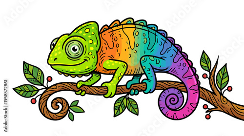 Cartoon chameleon with rainbow colors on a tree branch