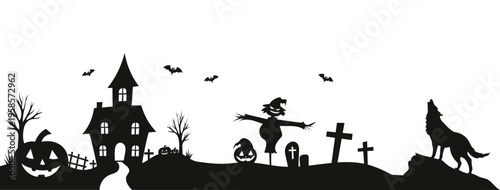 Spooky Halloween village horizontal banner with haunted castle jack-o-lantern scarecrow graveyard and howling wolf black silhouette vector illustration isolated on white.