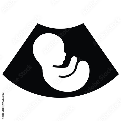 Pregnancy ultrasound icon showing fetus silhouette inside womb, medical imaging concept