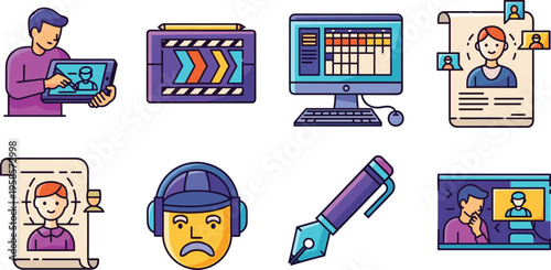 Flat Content Creation and Video Production Icon Set Featuring Editing Timeline Script Character Drawing Pen and Creative Workflow Elements for Media Design