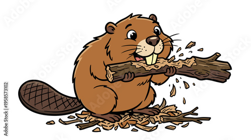 Cartoon beaver gnawing on a log with wood shavings