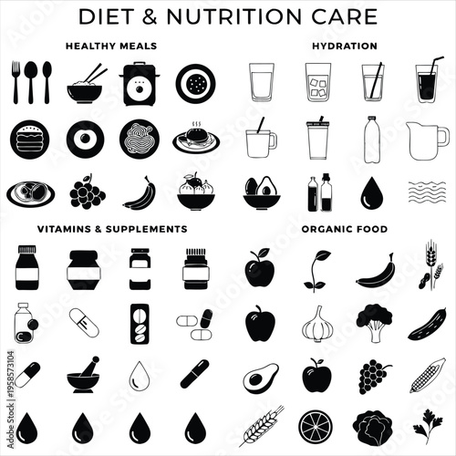 Diet and nutrition care icons: healthy meals, hydration, vitamins, supplements, organic food, fruits, vegetables.