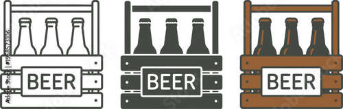 Vector illustrations of beer bottles in wooden crates in various colors and styles