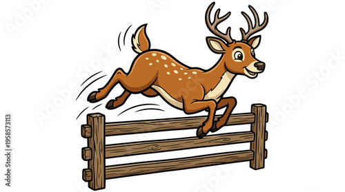 Cartoon deer jumping over a wooden fence in mid-air