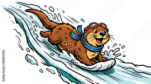 Happy cartoon otter sliding down a water slide with goggles