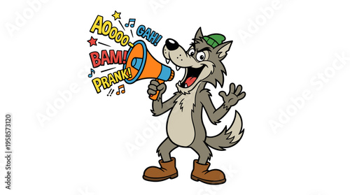 Cartoon wolf with megaphone announcing prank with sound effects