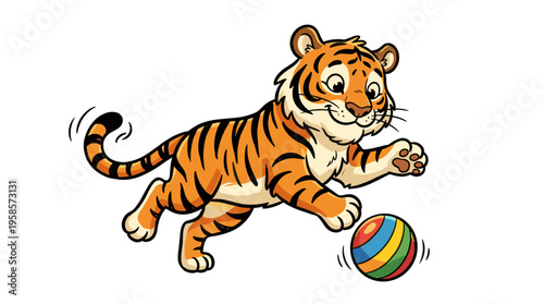 Cartoon tiger cub playfully batting a colorful ball