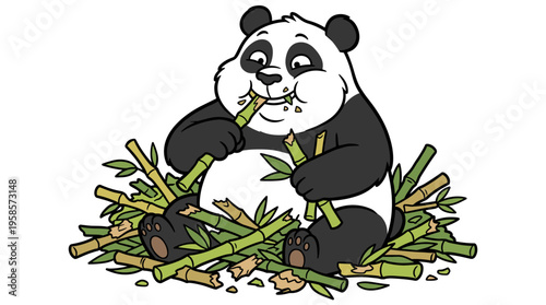 Cartoon panda sitting and eating bamboo sticks in a pile