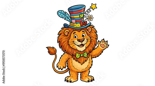 Cheerful cartoon lion wearing a festive hat and bow tie