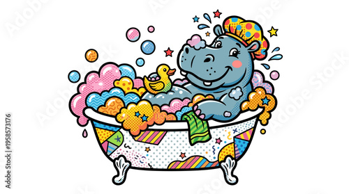Cartoon hippo wearing chef hat taking bubble bath with rubber duck