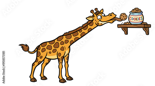 Cartoon giraffe reaching for a jar of cookies