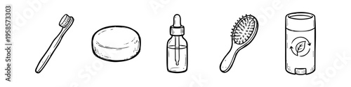 Alternative dropper bottle and hair brush collection in outline style. Distinct toothbrush and soap bar set in outline style. Toothbrush, Soap Bar and Dropper Bottle Monochrome Icon Set. High quality.