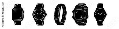 Distinct watch and smartwatch set in outline style. Watch, Smartwatch and Fitness Tracker Monochrome Icon Set. High quality stock illustration with clear subject focus, cohesive composition.